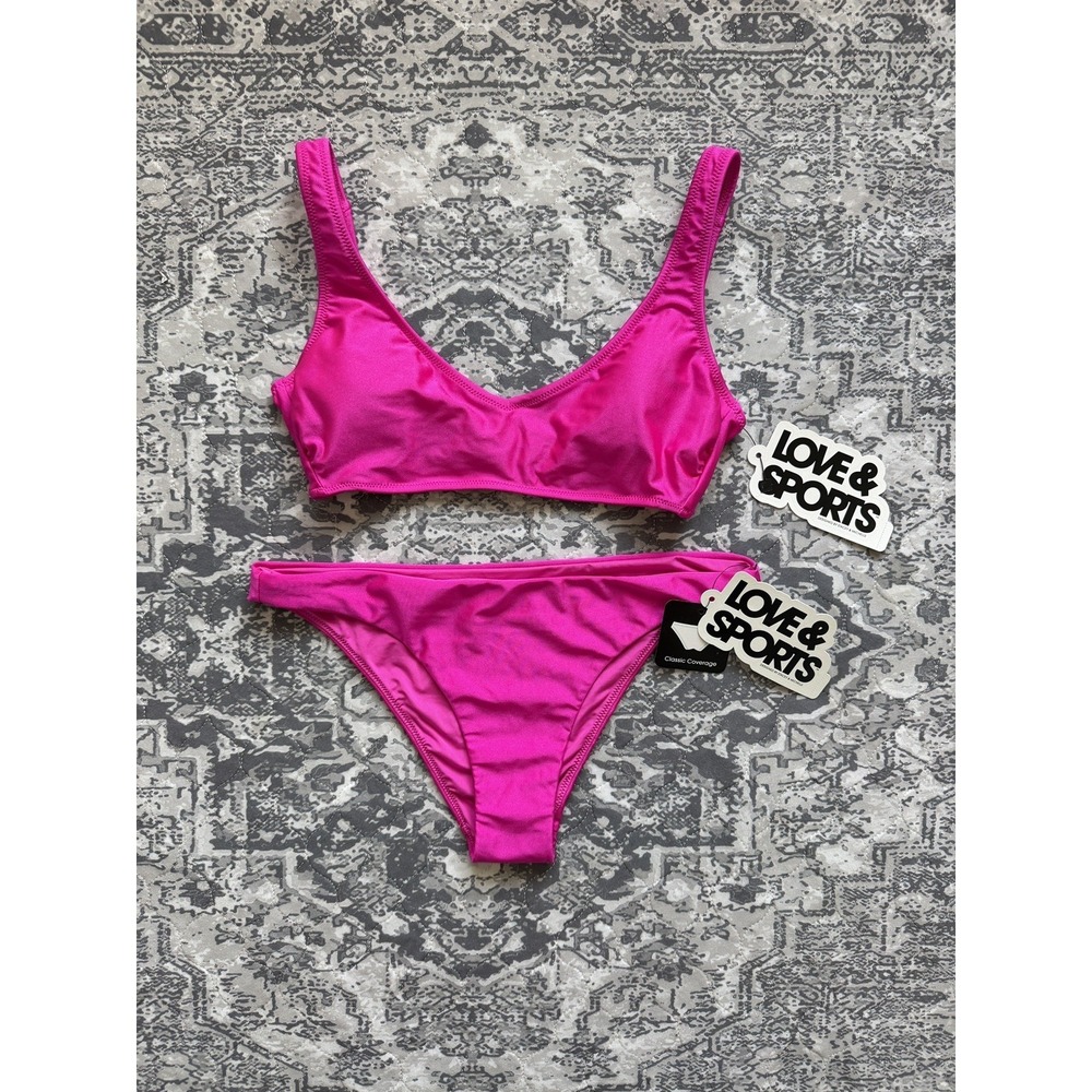 Love & Sports Women Pink Sheen V-Neck Bikini Set Small NWT Hot Pink Padded 2pc